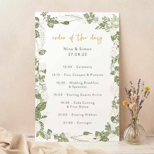 White Floral Wedding Order of the Day Sign