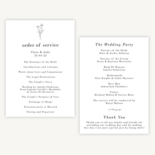 Simple Floral Wedding Order of Service Sheet