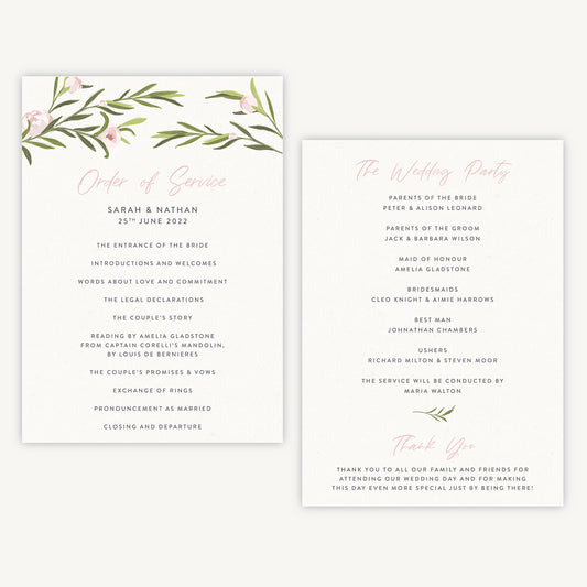 Blush Peony Wedding Order of Service Sheet