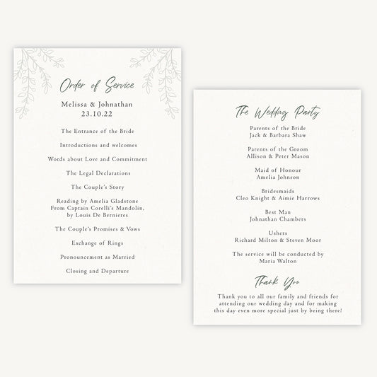 Elegant Floral Wedding Order of Service Sheet