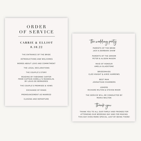 White Modern Script Wedding Order of Service Sheet