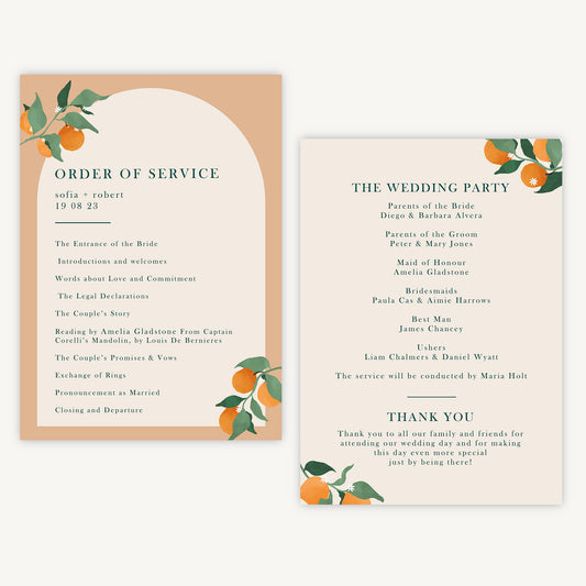 Mediterranean Oranges Wedding Order of Service Sheet