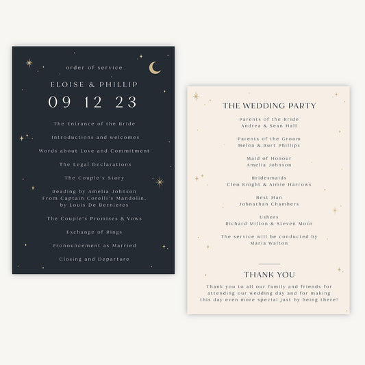 Celestial Night Sky Wedding Order of Service Sheet