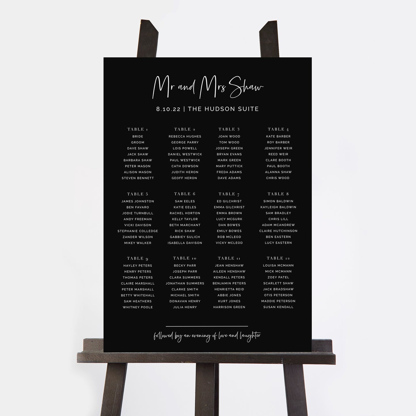 Black Modern Script Personalised Wedding Table Plan